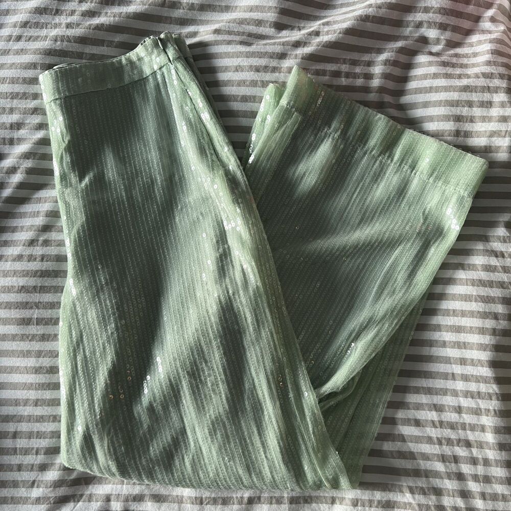House of Harlow 1960 Sequin Wide Leg Trousers - Pistachio Sage Green - Size 6 - Picture 2 of 4